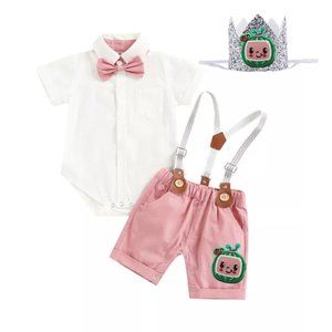 Cocomelon Boy Smash Cake First Second Birthday Outfit Clothes Suspenders Crown